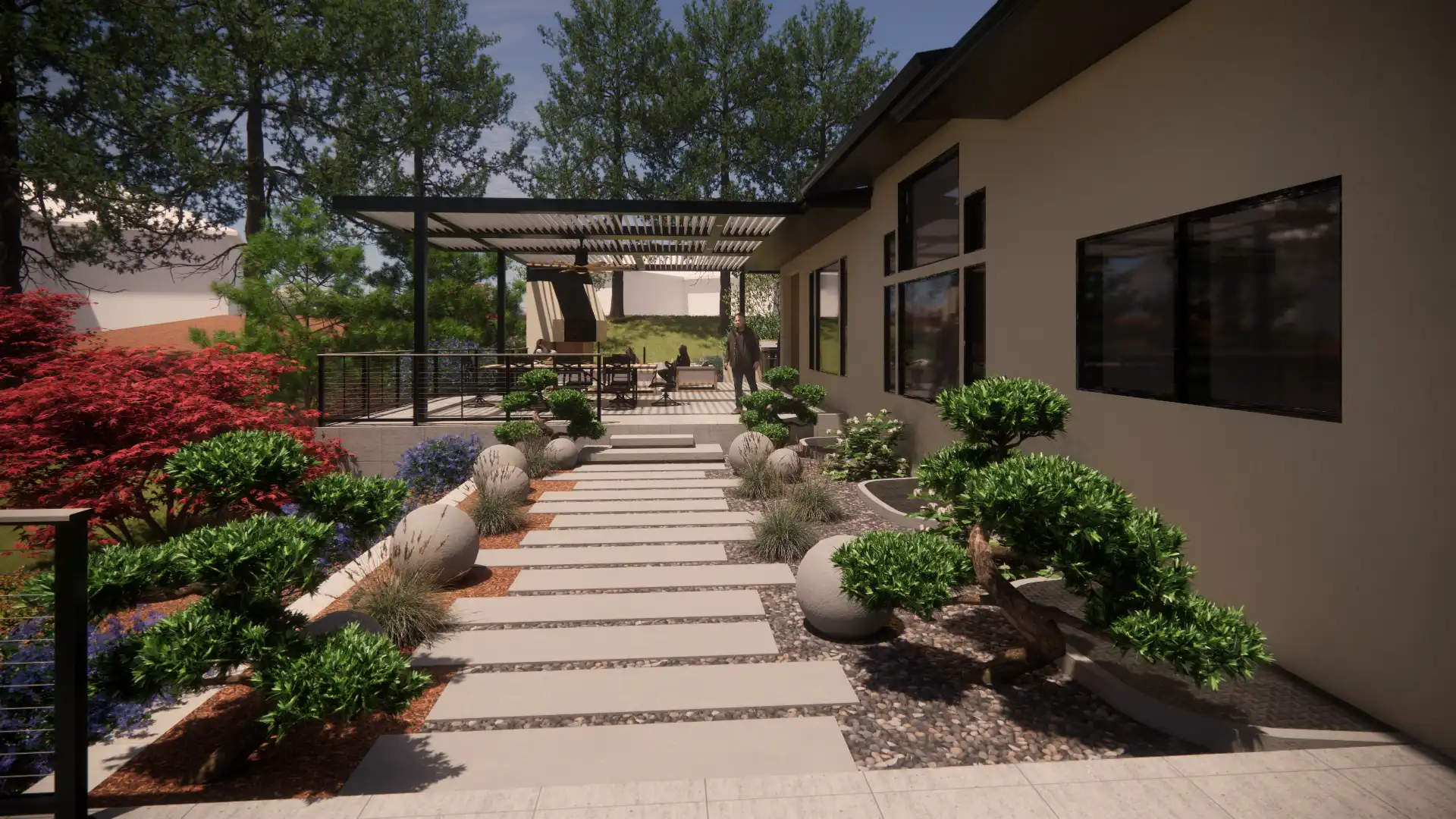 Modern backyard with a stone slab pathway leading to a large covered patio.